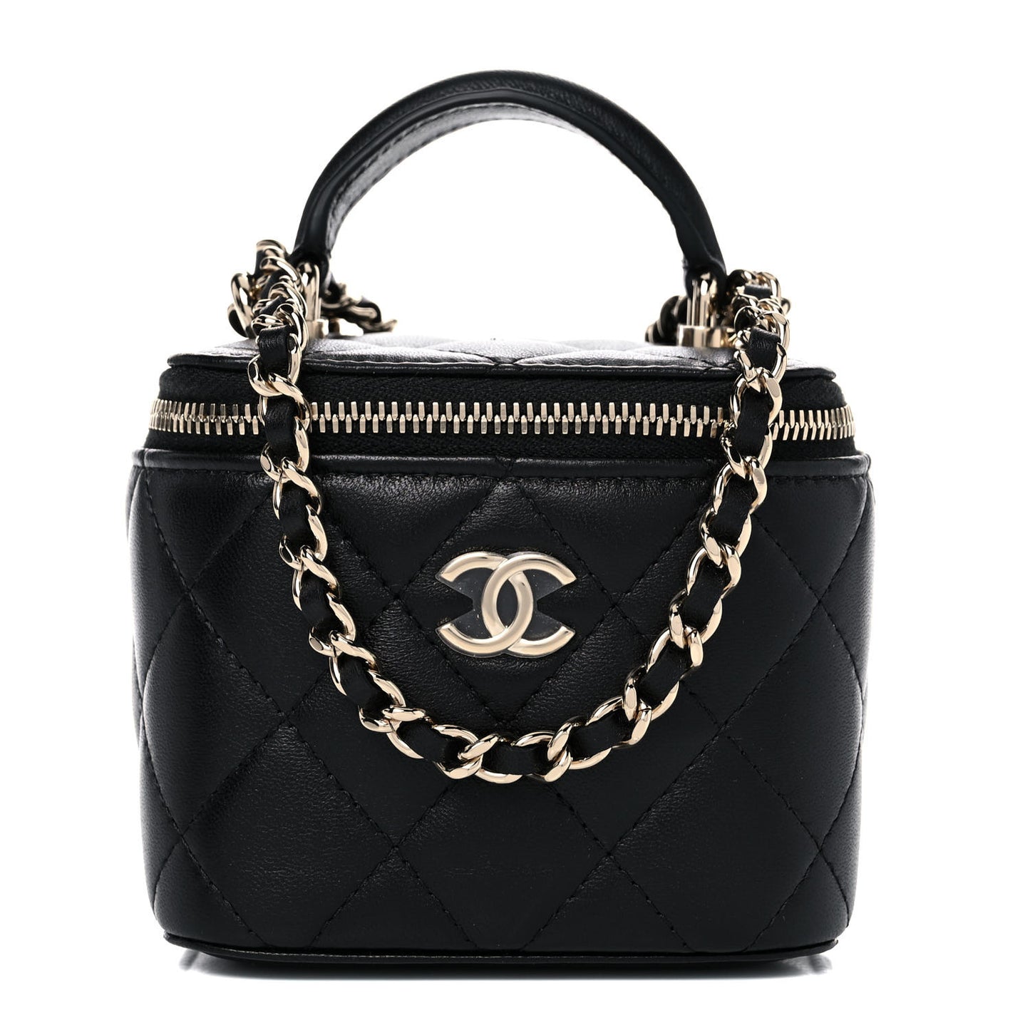 Lambskin Quilted Top Handle Mini Vanity Case With Chain Black