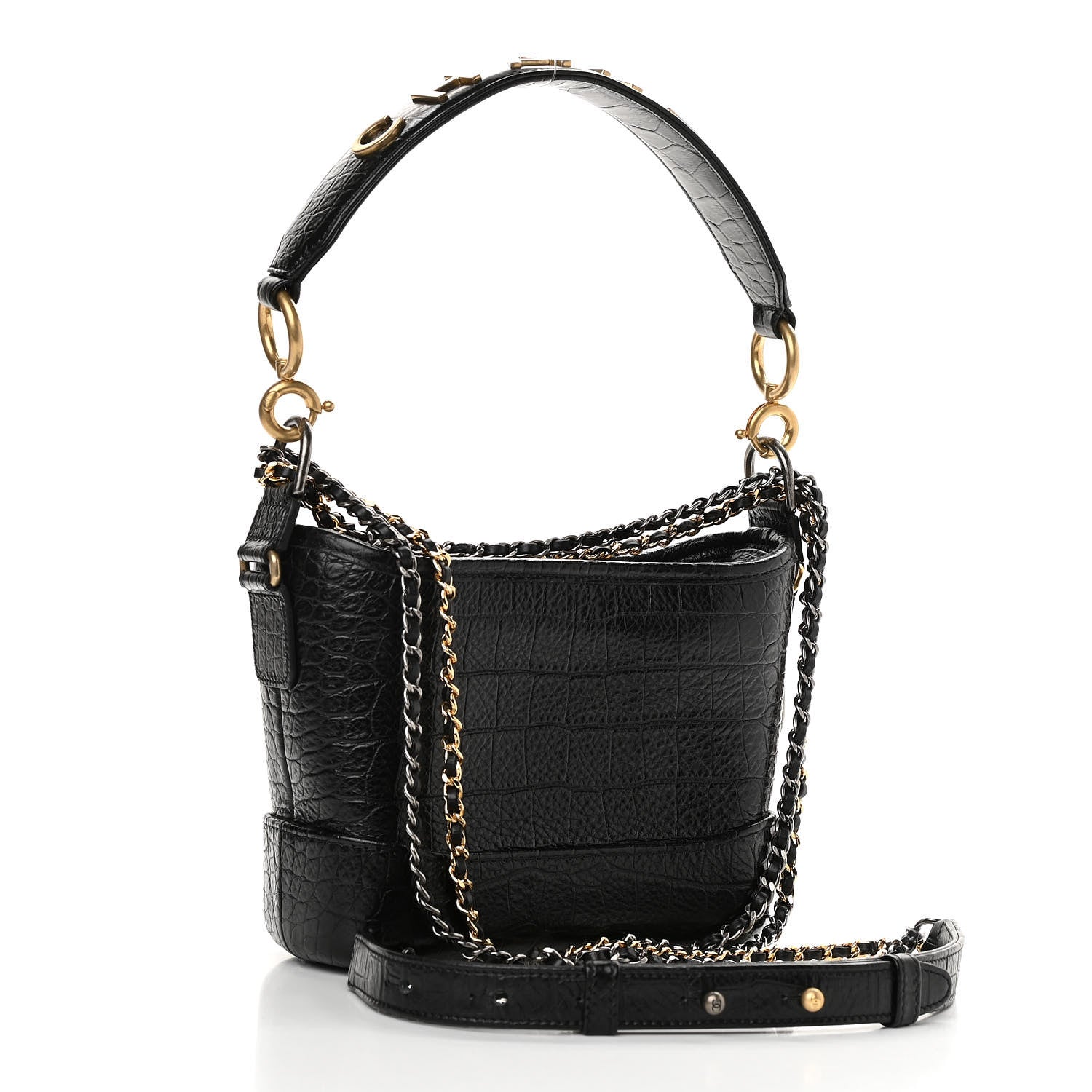 Chanel Calfskin Crocodile Embossed Small Gabrielle Cocodile Hobo Black 3 of 10