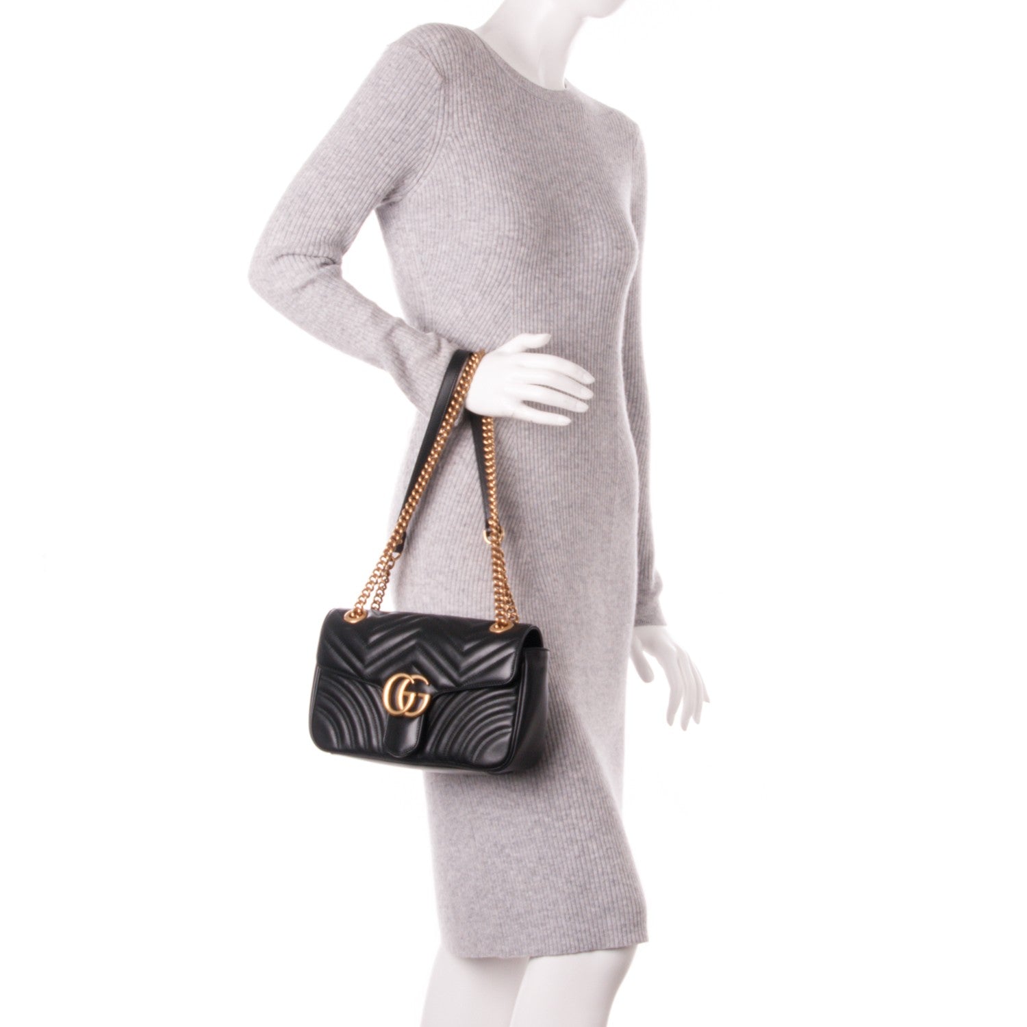 Gucci Calfskin Matelasse Small GG Marmont Shoulder Bag Black 3 of 8