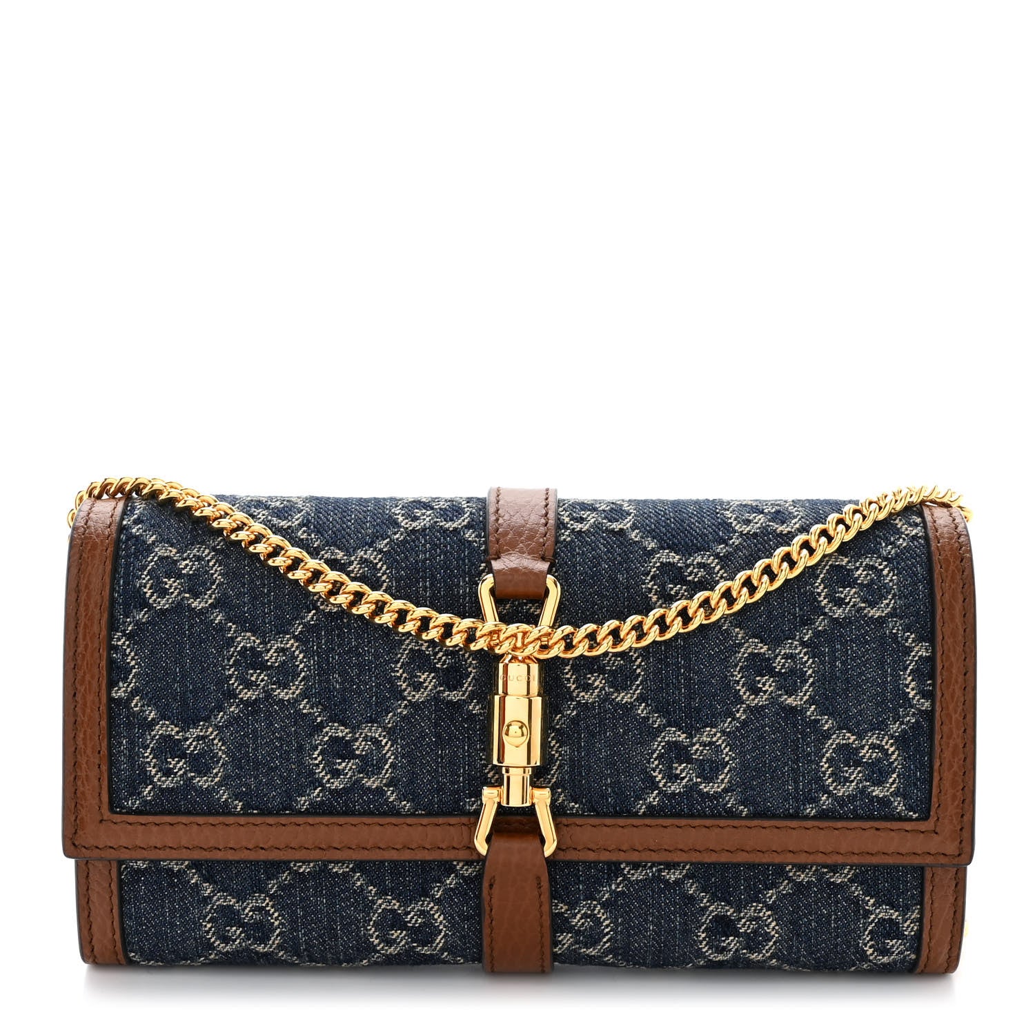 Gucci New Denim GG Monogram Jackie 1961 Chain Wallet Blue Tea Cuir 1 of 11