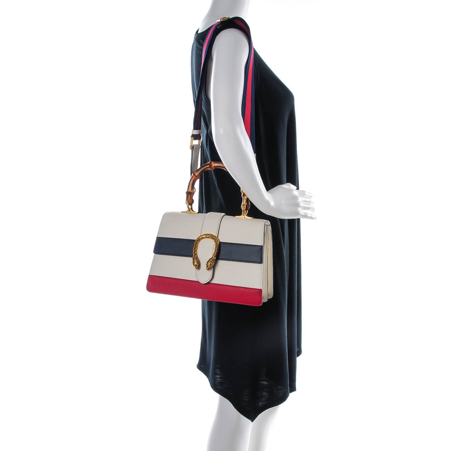 Calfskin Bamboo Web Medium Dionysus Top Handle Bag White Blue Hibiscus Red