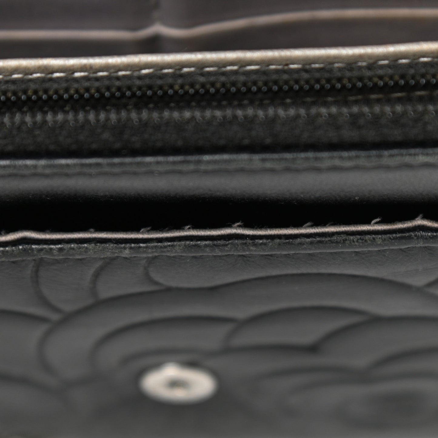 Lambskin Camellia Embossed Wallet on Chain WOC Black
