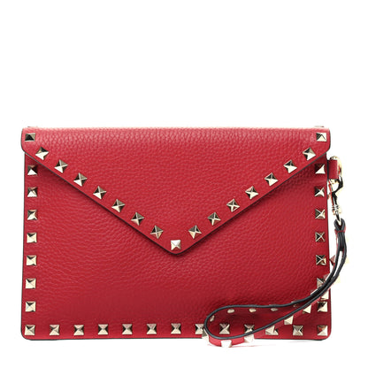 Valentino Garavani Pebbled Calfskin Medium Rockstud Envelope Flat Wristlet Pouch Red 1 of 8