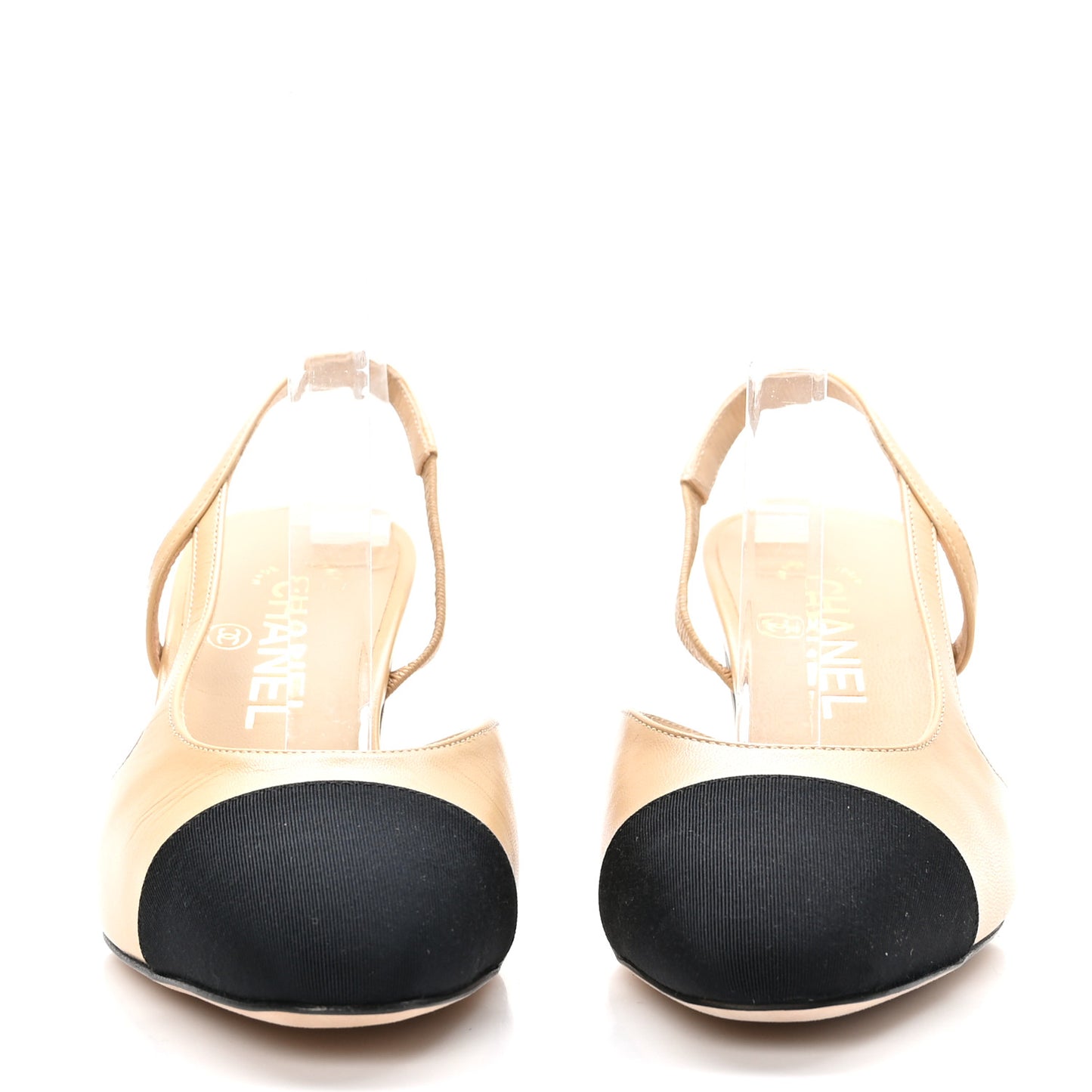 Goatskin Grosgrain Cap Toe CC Slingback Pumps 38 Beige Black