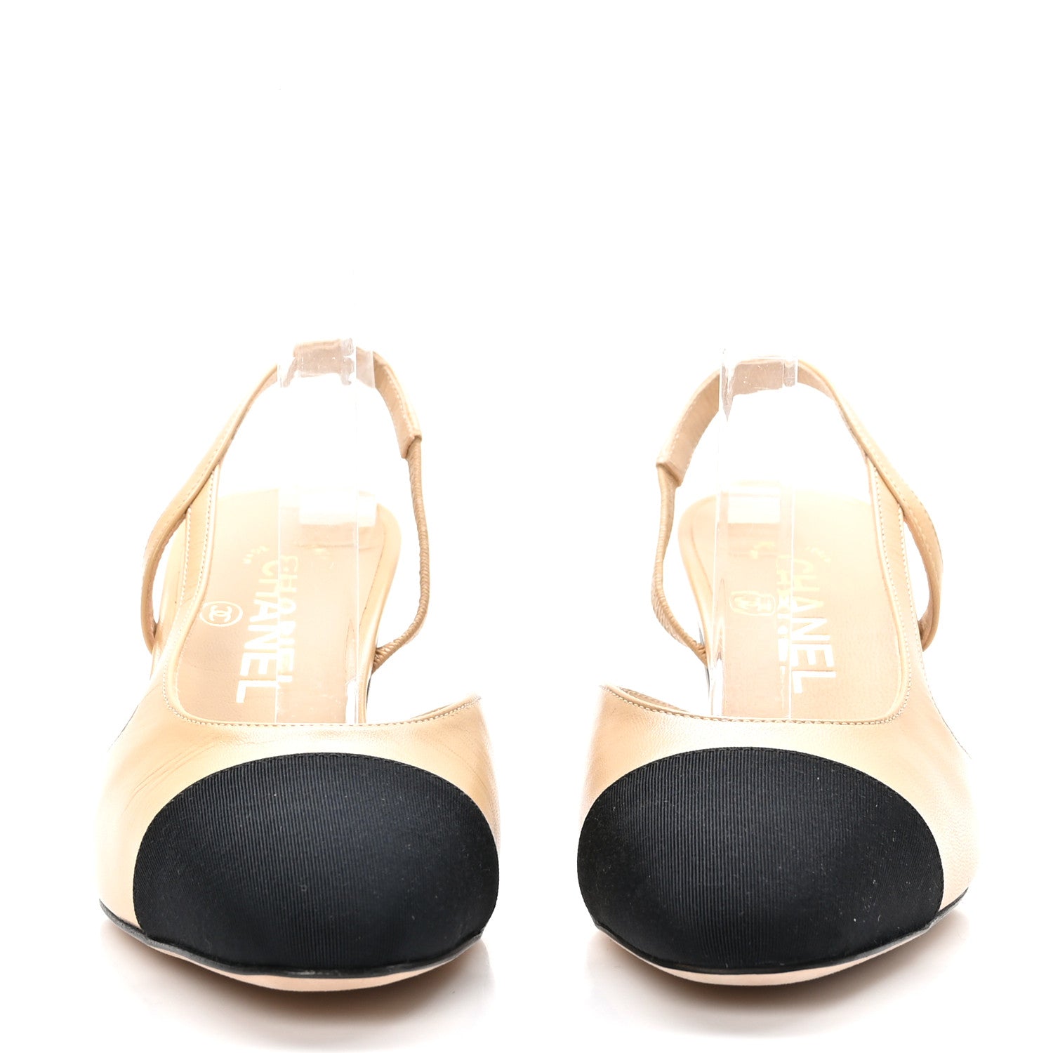 Chanel Goatskin Grosgrain Cap Toe CC Slingback Pumps 38 Beige Black 2 of 9