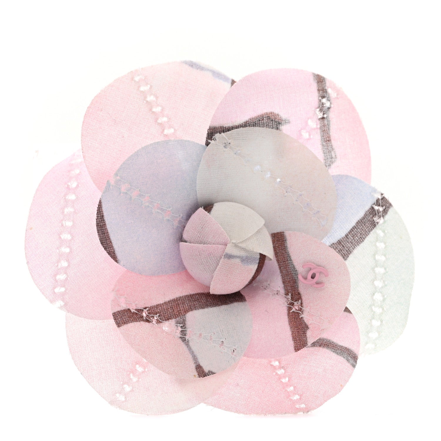 Chanel Fabric Camellia Pin Brooch Pink Grey Green Multicolor 1 of 5