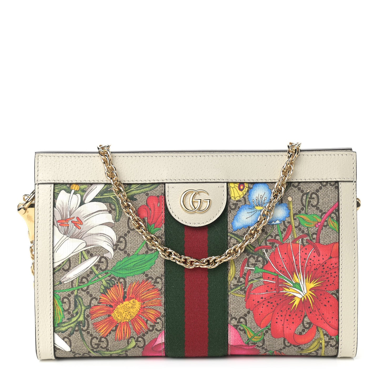 GG Supreme Monogram Flora Web Small Ophidia Chain Shoulder Bag White