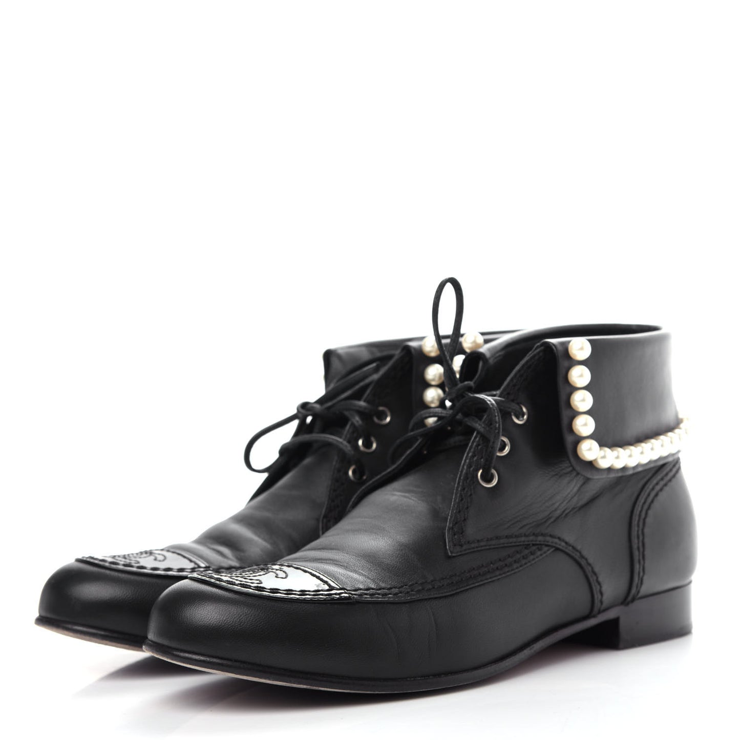 Lambskin Patent Calfskin Pearl Lace Up Boots 37.5 Black