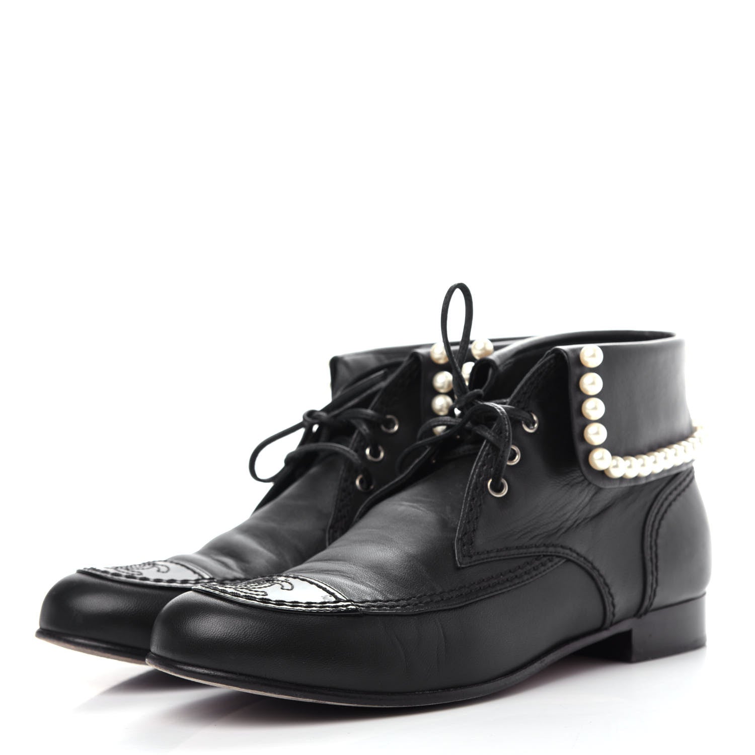 Chanel Lambskin Patent Calfskin Pearl Lace Up Boots 37.5 Black 3 of 10