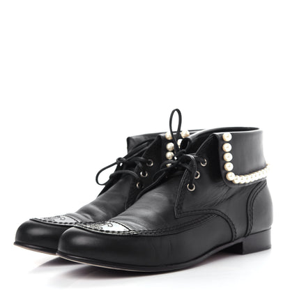 Chanel Lambskin Patent Calfskin Pearl Lace Up Boots 37.5 Black 3 of 10