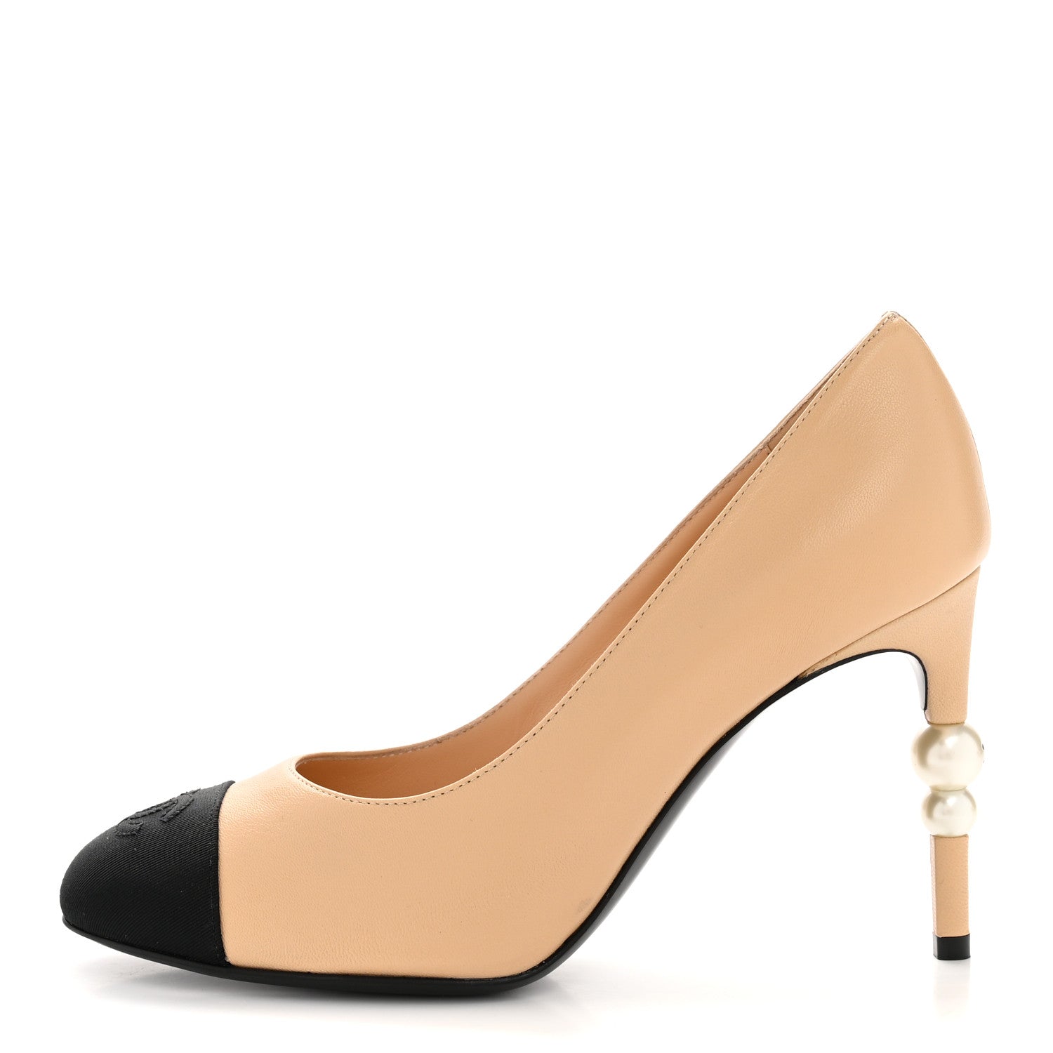 Chanel Lambskin Grosgrain Pearl Cap Toe Pumps 36.5 Beige Black 1 of 10