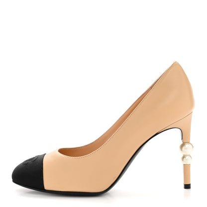 Chanel Lambskin Grosgrain Pearl Cap Toe Pumps 36.5 Beige Black 1 of 10