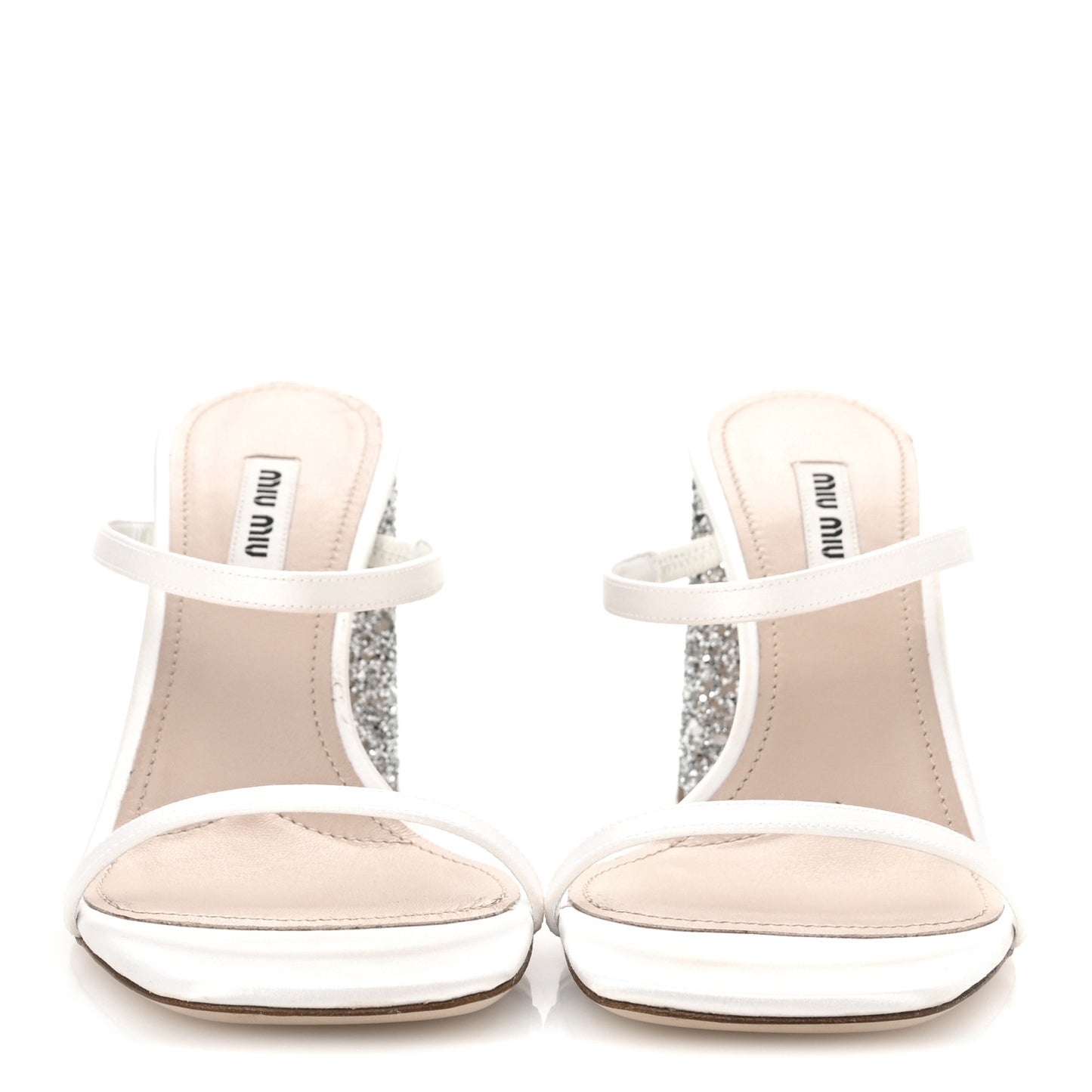 Satin Raso Glitter Block Heel Sandals 38 White Argento