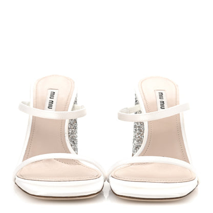 Miu Miu Satin Raso Glitter Block Heel Sandals 38 White Argento 3 of 10