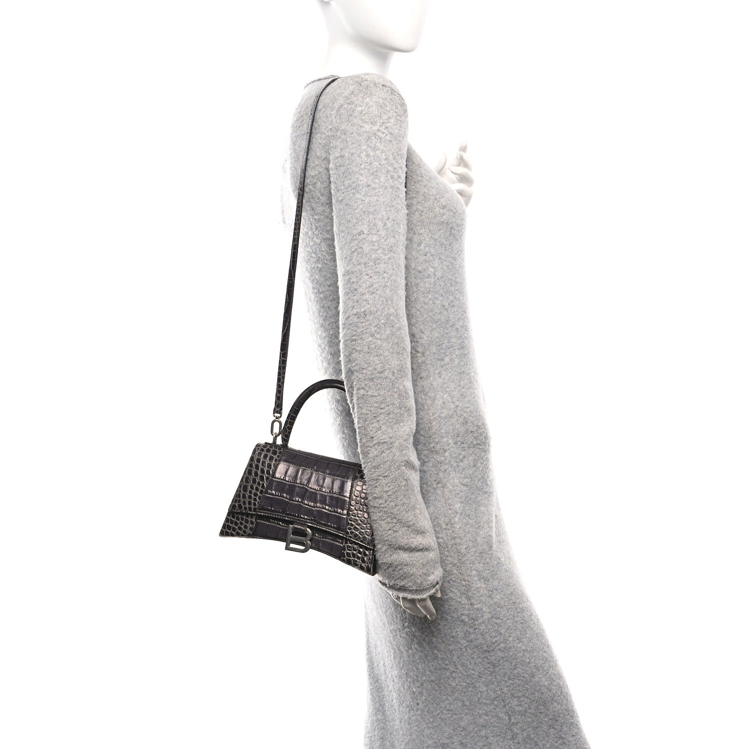 Balenciaga Shiny Calfskin Crocodile Embossed Small Hourglass Top Handle Bag Dark Grey 2 of 9