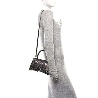 Balenciaga Shiny Calfskin Crocodile Embossed Small Hourglass Top Handle Bag Dark Grey 2 of 9