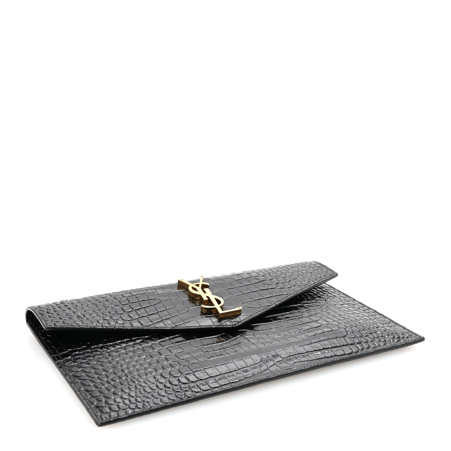 Saint Laurent Calfskin Crocodile Embossed Uptown Monogram Pouch Black 4 of 7
