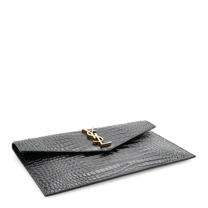 Saint Laurent Calfskin Crocodile Embossed Uptown Monogram Pouch Black 4 of 7