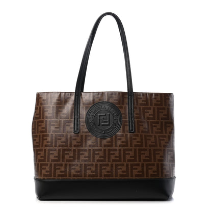 Fendi Glazed Fabric Vitello Century FF 1974 Stamp Patch Shopping Tote Mogano Panna Black 1 of 10