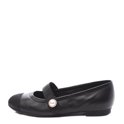 Chanel Lambskin Grosgrain Pearl Cap Toe Ballerina Flats 35 Black 1 of 11