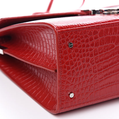 Saint Laurent Calfskin Crocodile Embossed Medium Classic Monogram Cassandra Top Handle Red 8 of 9