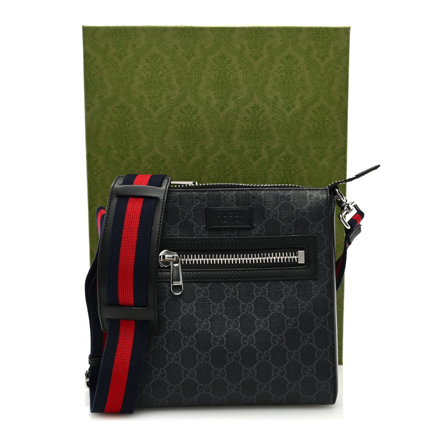Gucci GG Supreme Monogram Web Small Flat Messenger Bag Black Grey 10 of 10