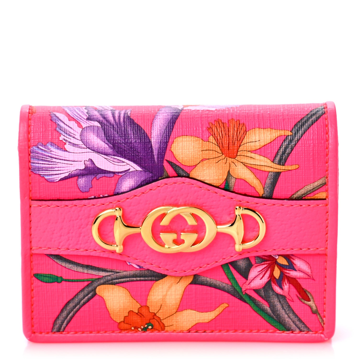 Gucci Calfskin Flora Print Zumi Card Case Fuxia Fluo 1 of 8