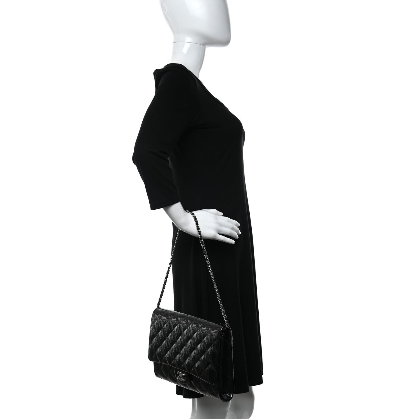 Striated Patent Quilted Clutch With Chain Flap Dark Grey