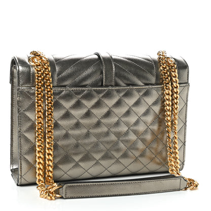Saint Laurent Metallic Grain De Poudre Textured Mixed Matelasse Triquilt Medium Monogram Satchel Piombo 3 of 8