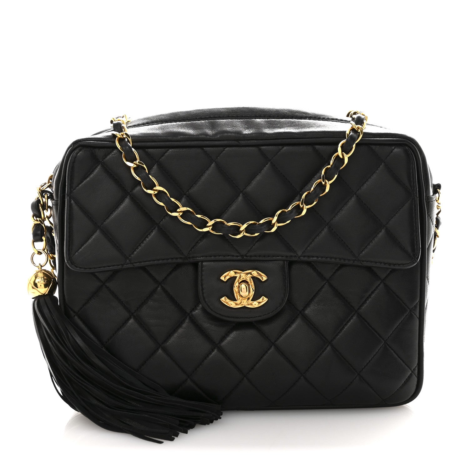 Chanel Lambskin Quilted Flap Camera Tassel Case Black 1 of 14
