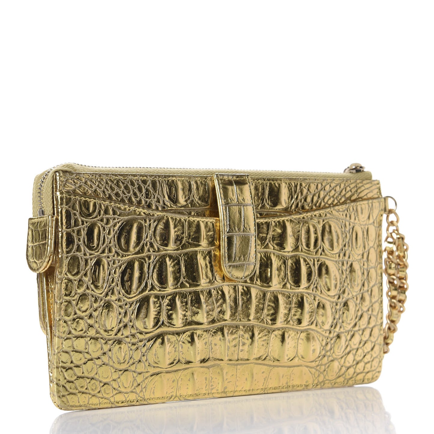 Calfskin Crocodile Embossed Cocodile Pouch With Chain Handle Gold