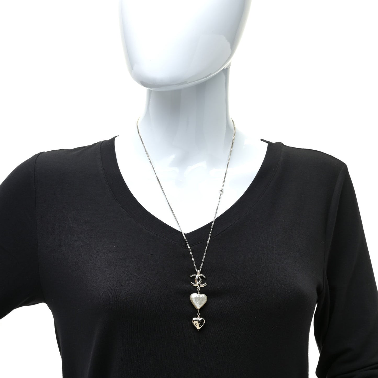 Pearl CC Double Heart Drop Necklace Pearly White Gold