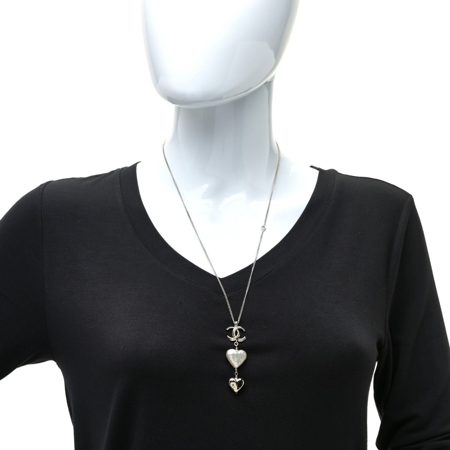 Chanel Pearl CC Double Heart Drop Necklace Pearly White Gold 2 of 6