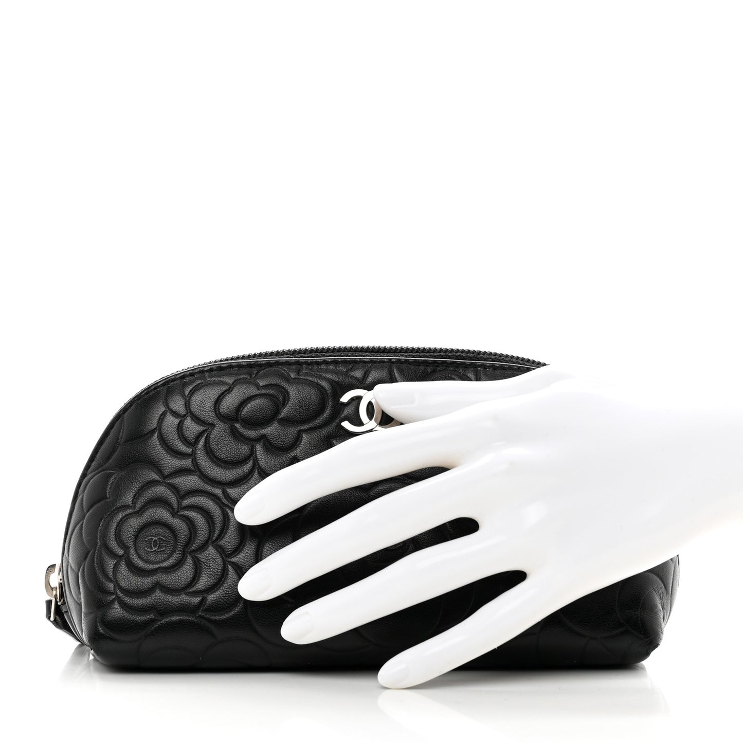 Lambskin Camellia Embossed Cosmetic Case Black