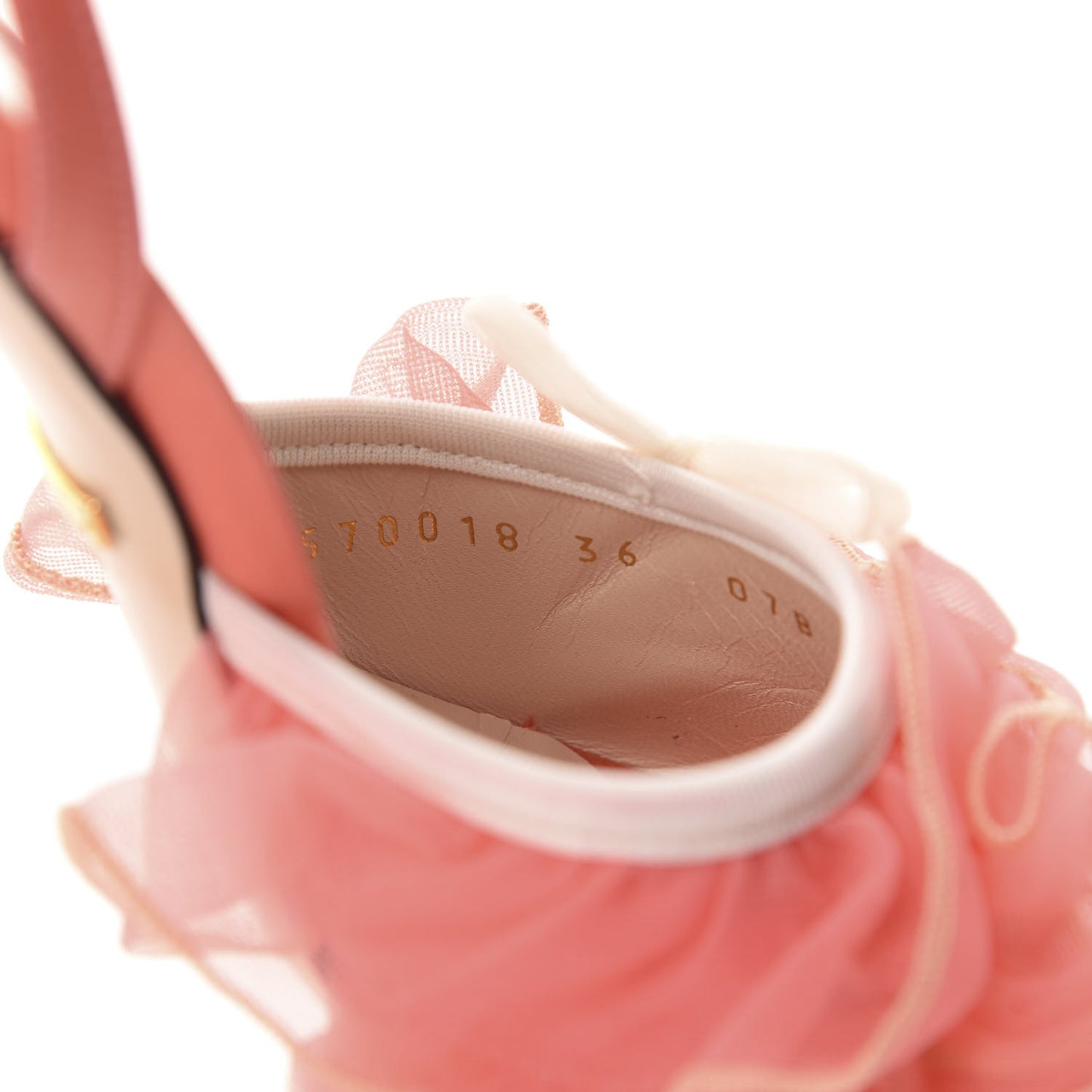Tulle Ruffle Mid Heel Slingback Sandals 36 Peach White