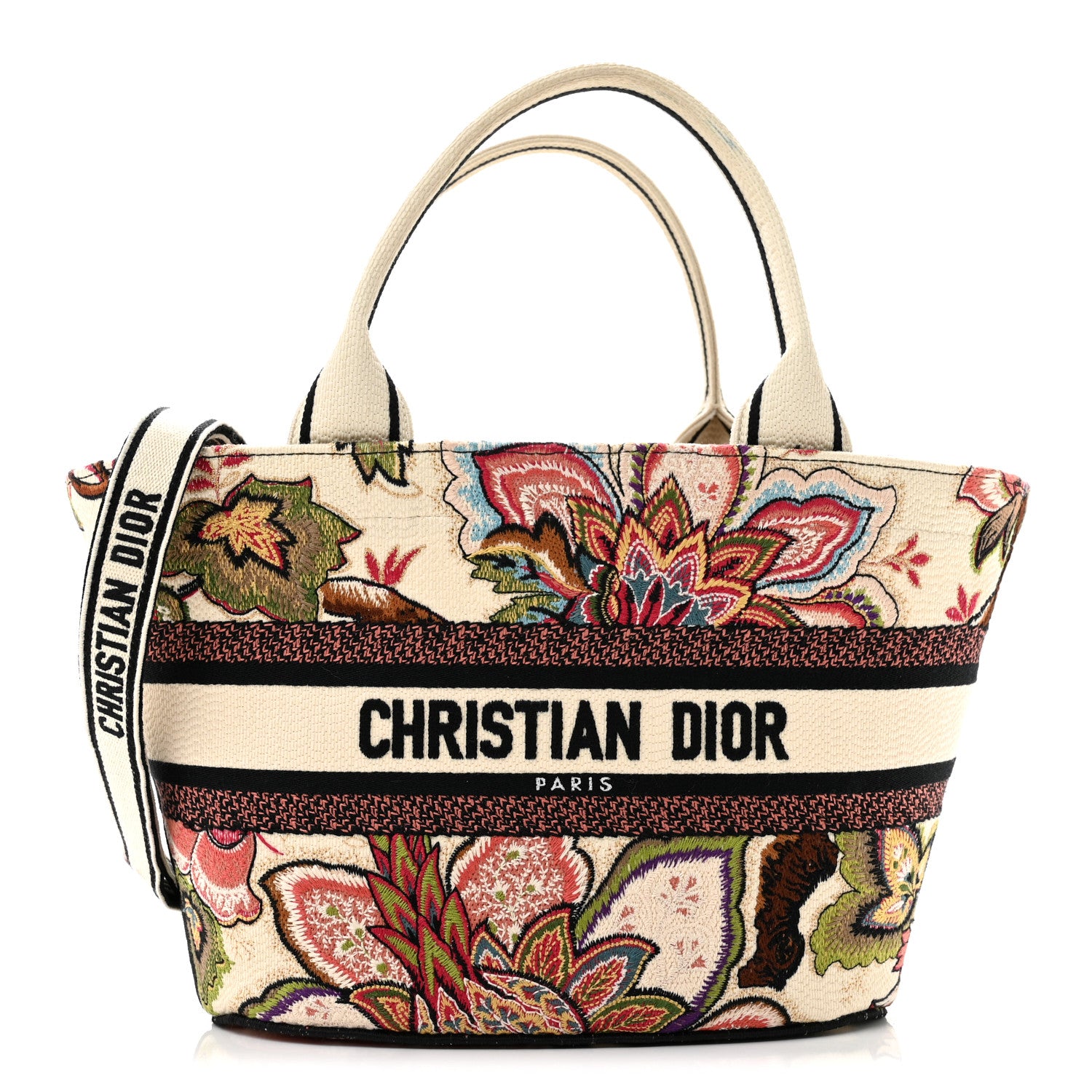 Christian Dior Canvas Embroidered Floral Panier Chapeau Tote White Multicolor 1 of 12