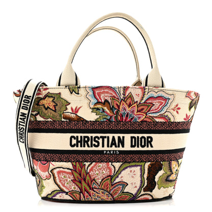 Christian Dior Canvas Embroidered Floral Panier Chapeau Tote White Multicolor 1 of 12