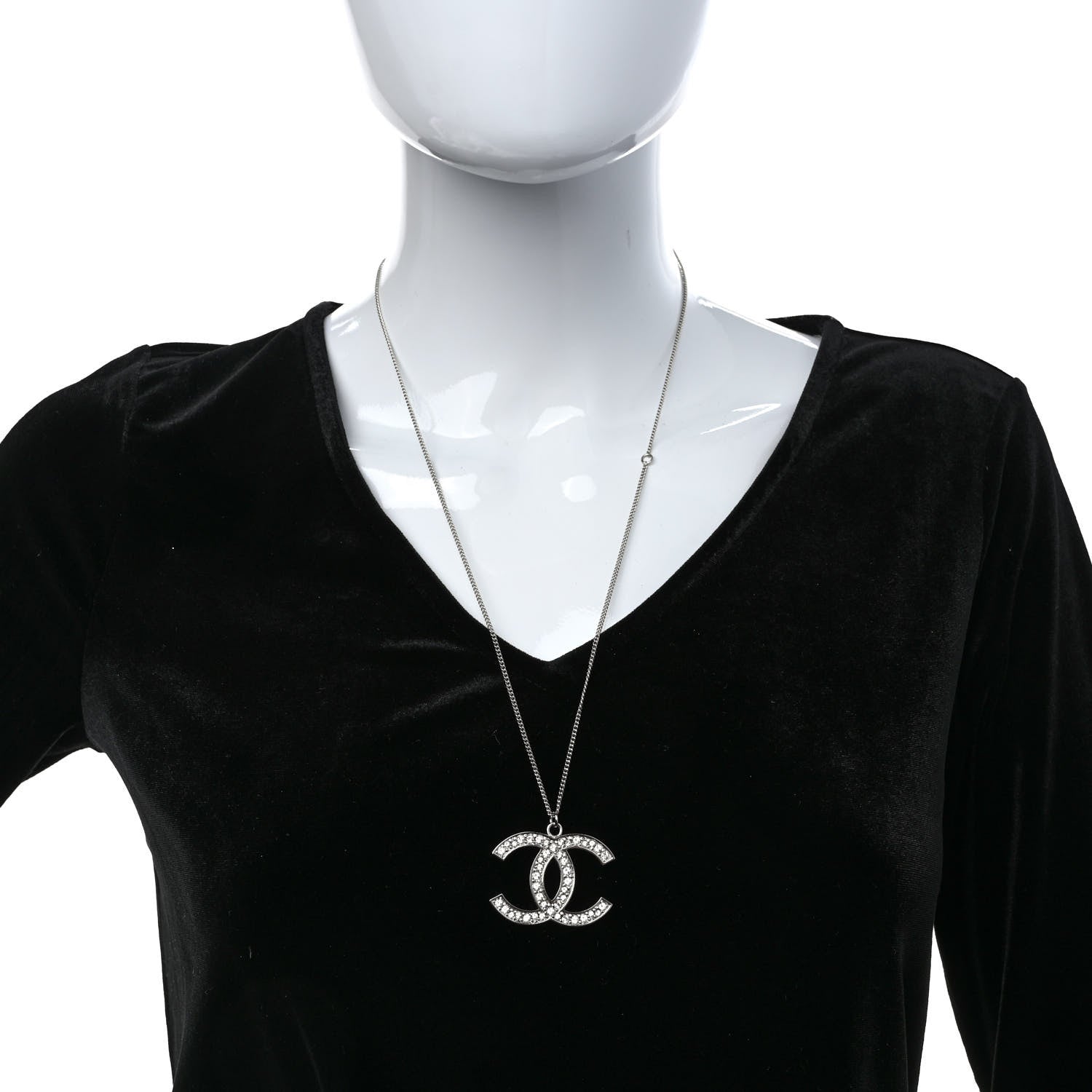 Chanel Crystal CC Pendant Necklace Silver 2 of 5