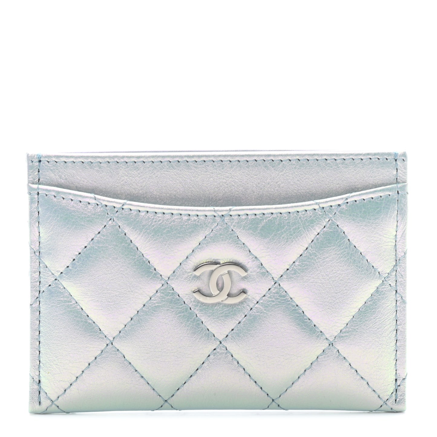 Iridescent Calfskin Quilted Card Holder Light Blue