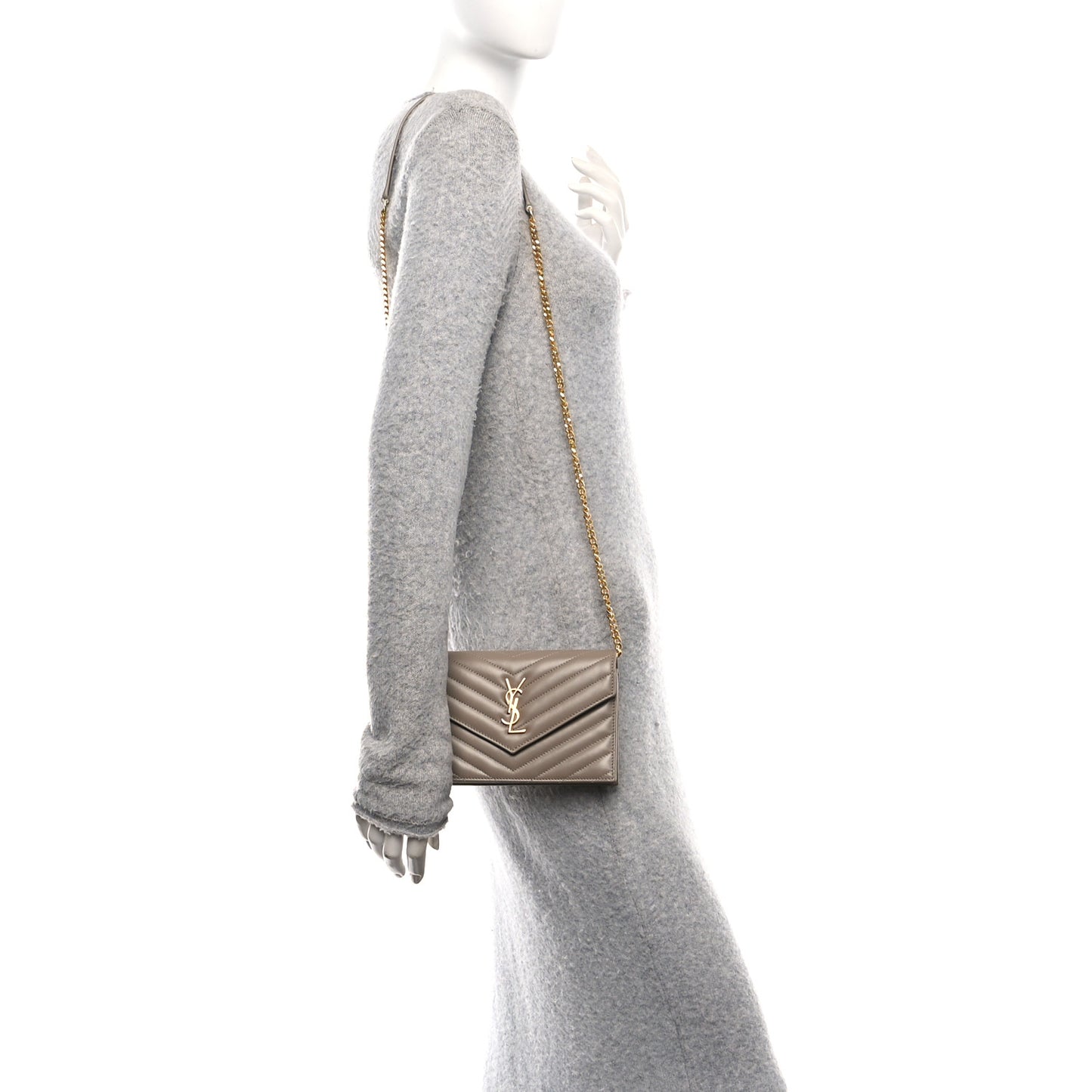 Lambskin Matelasse Chevron Monogram Envelope Chain Wallet Dusty Grey