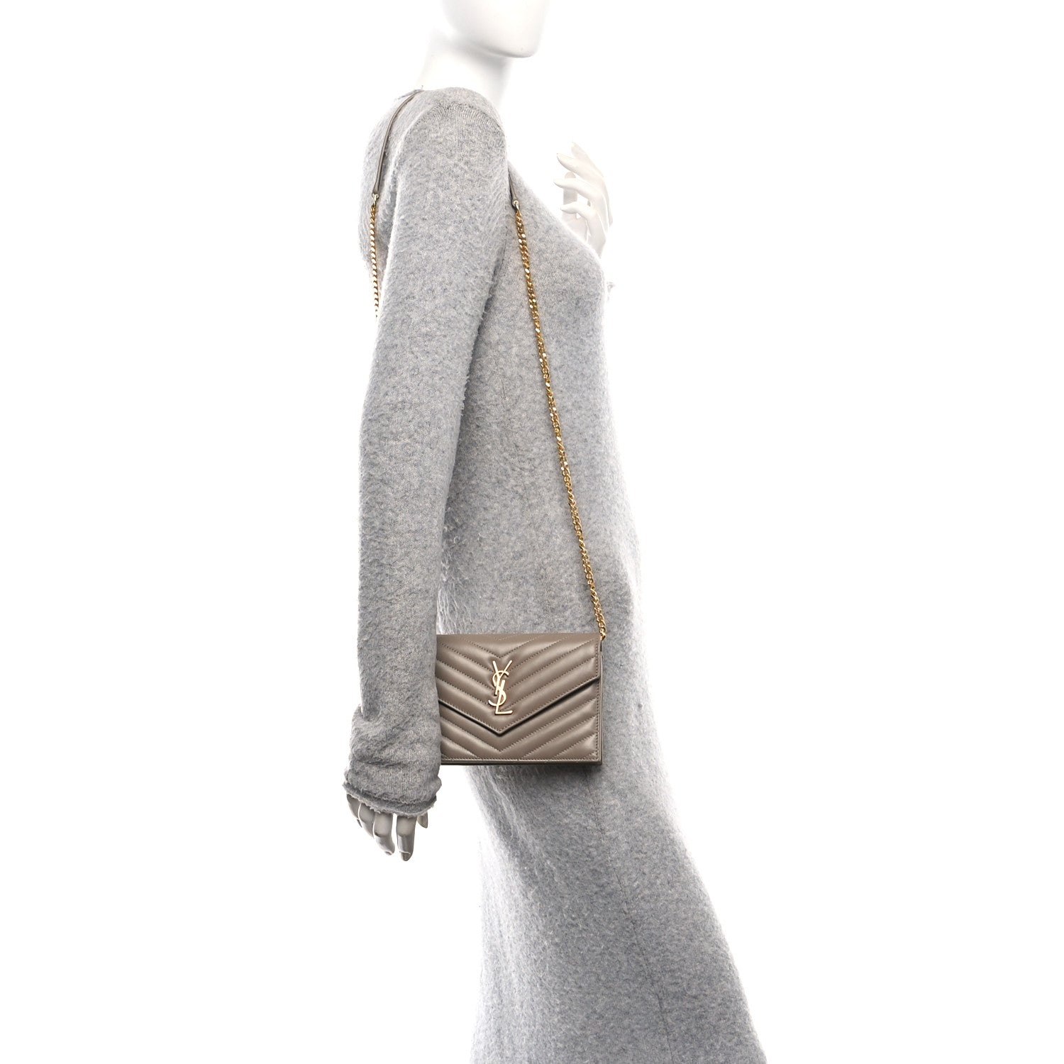 Saint Laurent Lambskin Matelasse Chevron Monogram Envelope Chain Wallet Dusty Grey 2 of 10