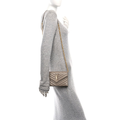 Saint Laurent Lambskin Matelasse Chevron Monogram Envelope Chain Wallet Dusty Grey 2 of 10