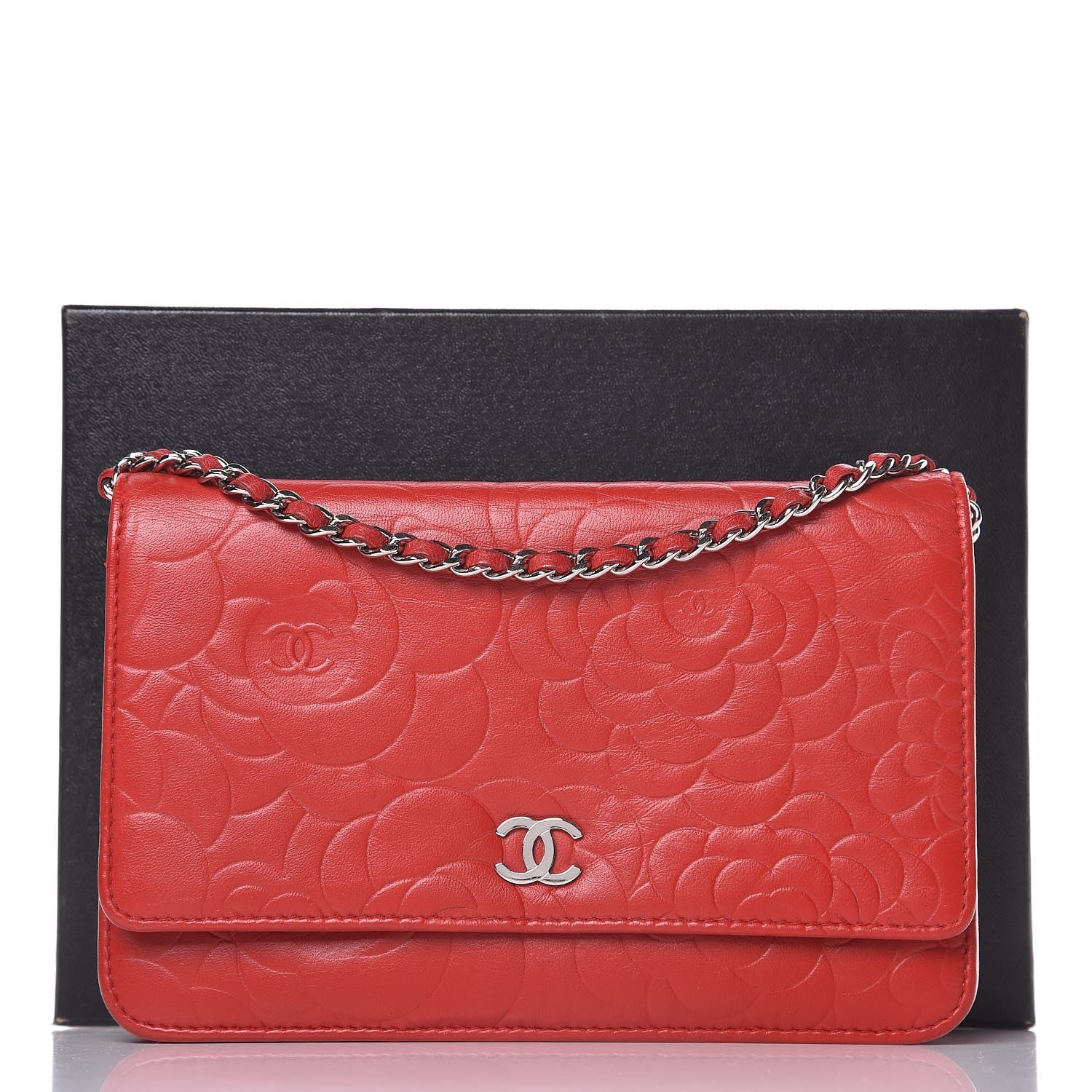 Chanel Lambskin Camellia Embossed Wallet On Chain WOC Red 12 of 12