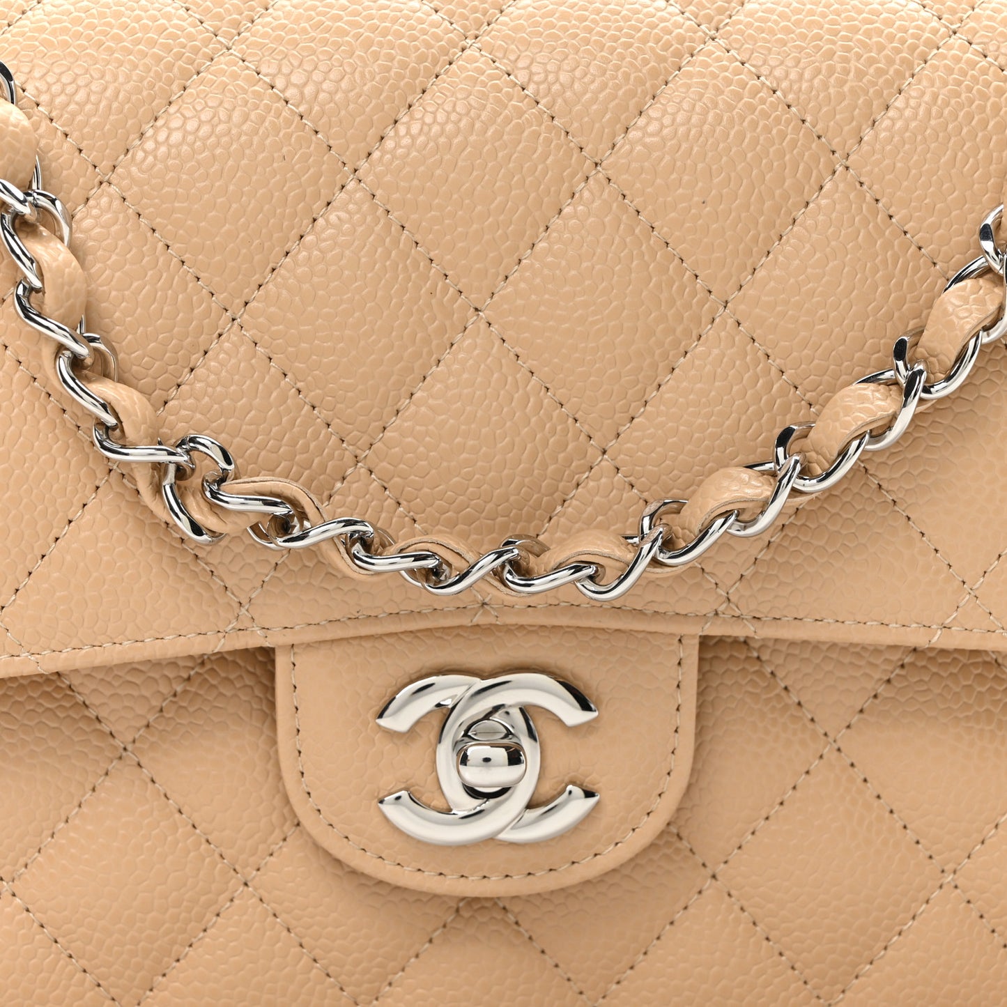 Caviar Quilted Medium Double Flap Beige