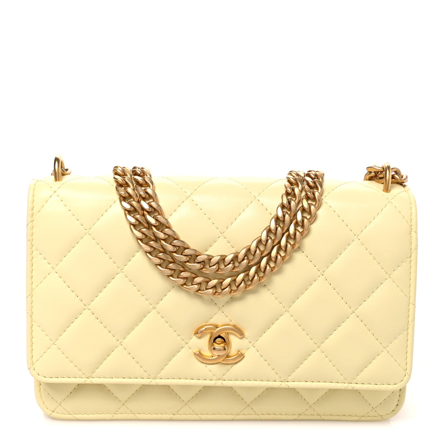Chanel Lambskin Quilted CC Camellia Crush Wallet on Chain WOC Light Yellow 1 of 10