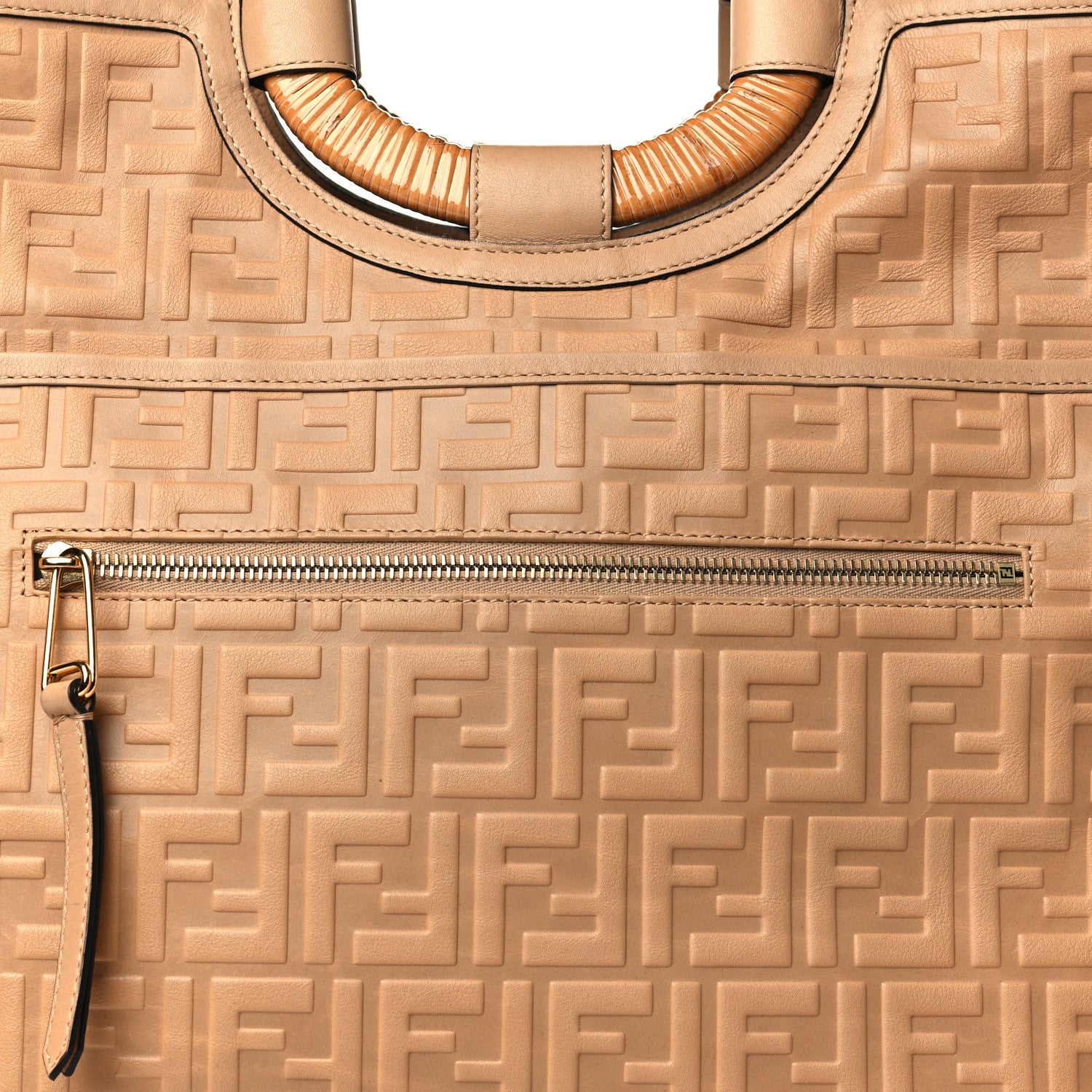 Fendi Vitello Cristallo Nature Wicker FF 1974 Embossed Large Runaway Shopper Tote Makeup 8 of 10