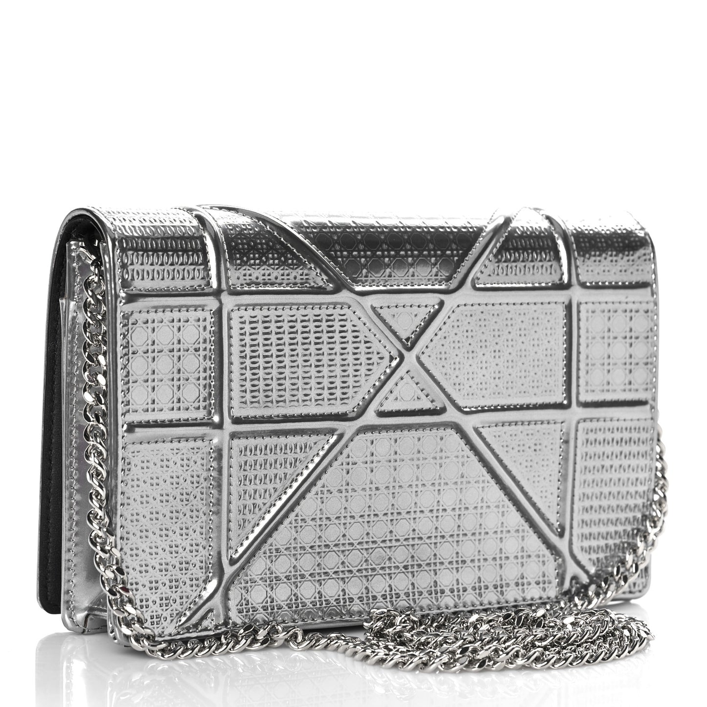 Metallic Patent Micro-Cannage Diorama Wallet on Chain Pouch Silver