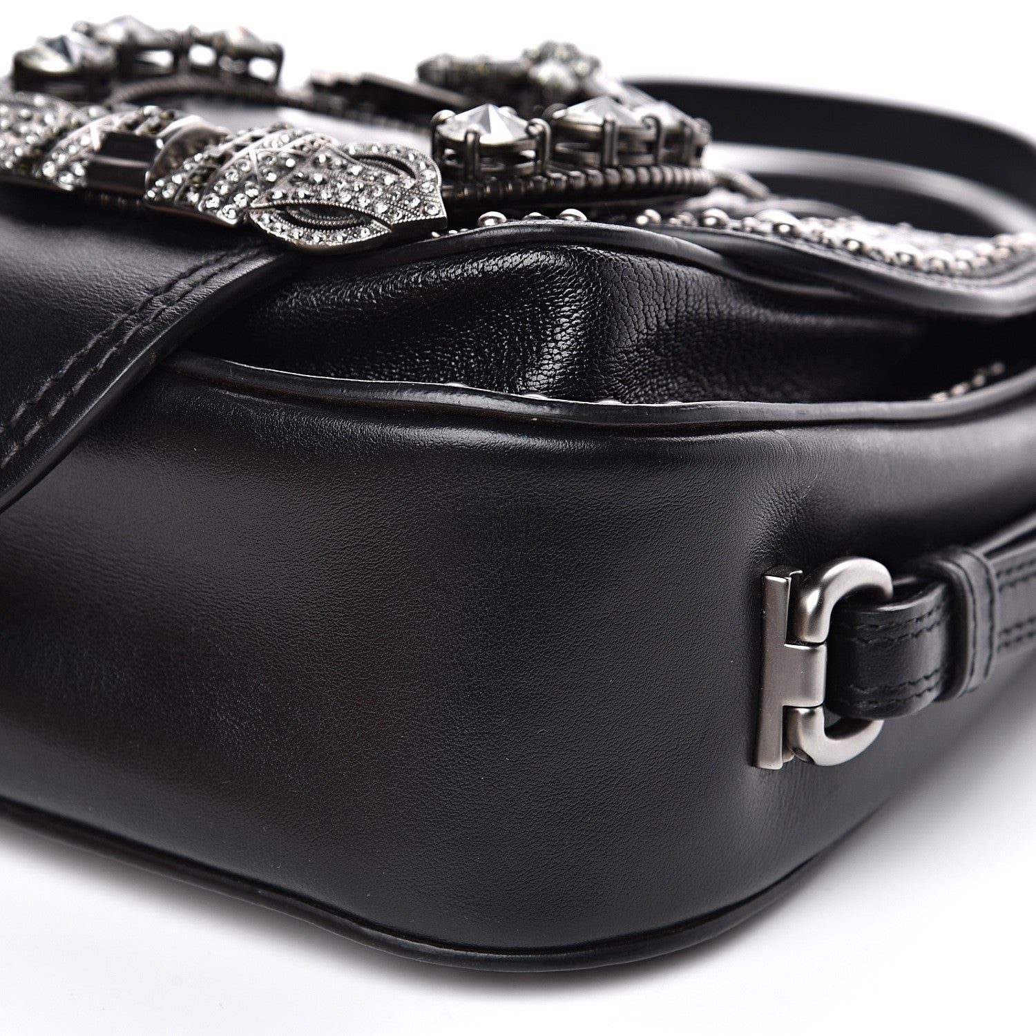 Miu Miu Goatskin Madras Soft Calfskin Crystal Embellished Lady Saddle Black 8 of 12