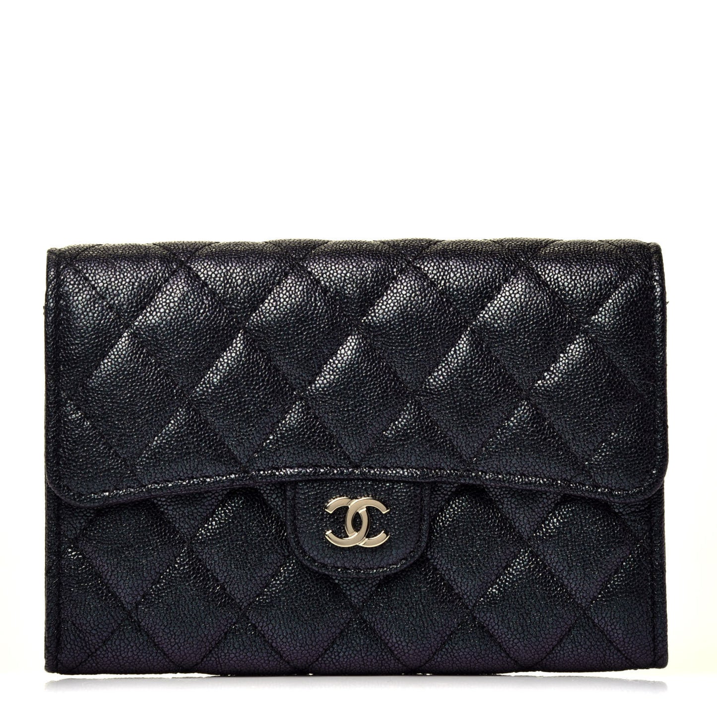 Iridescent Caviar Quilted Medium Flap Wallet Black