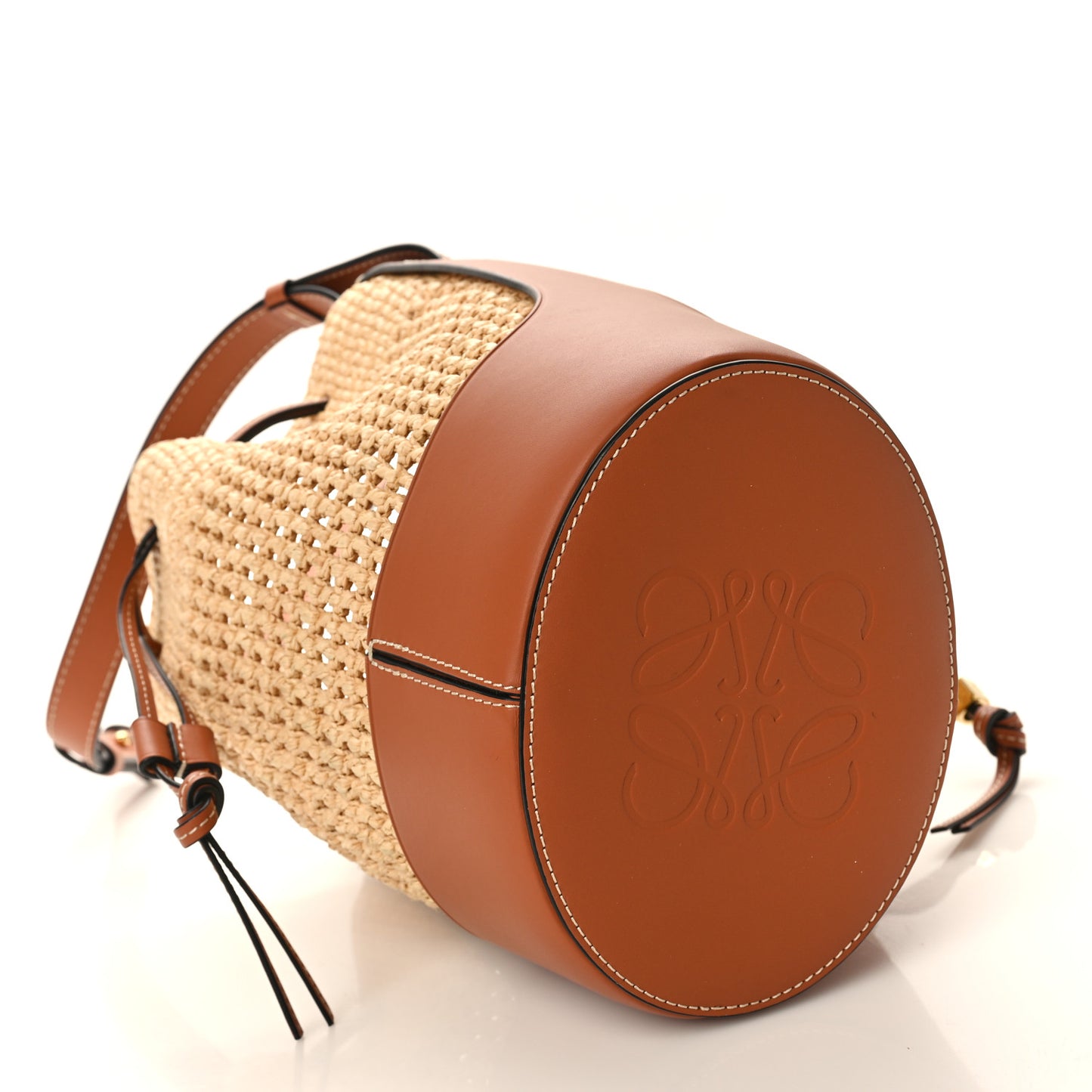 Raffia Calfskin Balloon Bucket Bag Natural Tan
